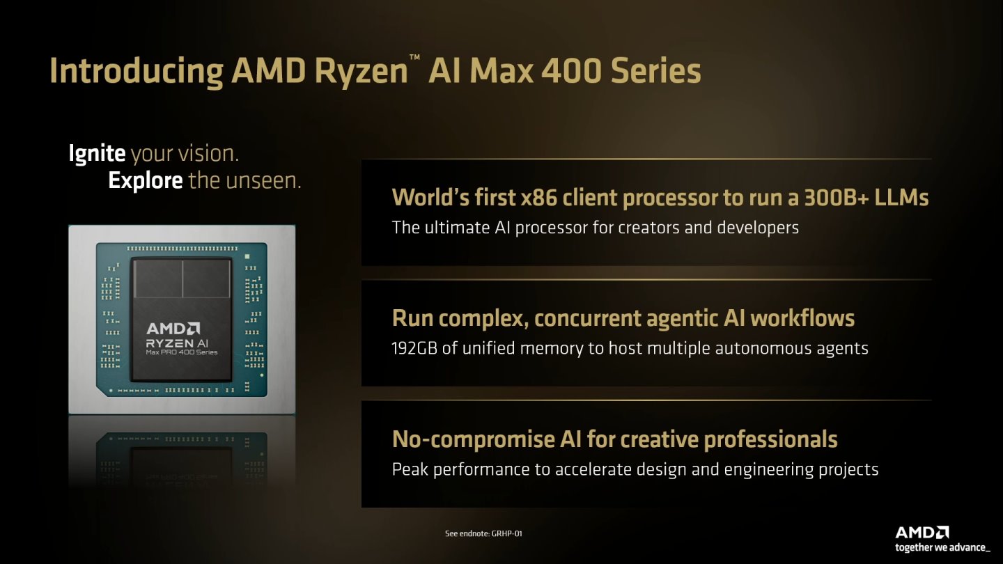 Ryzen AI 400 Max系列處理器最大的特色是能支援容量達192 GB的統一記憶憶體，其中160 GB可做為顯示記憶體，有利於支援參數量體更大的AI模型。