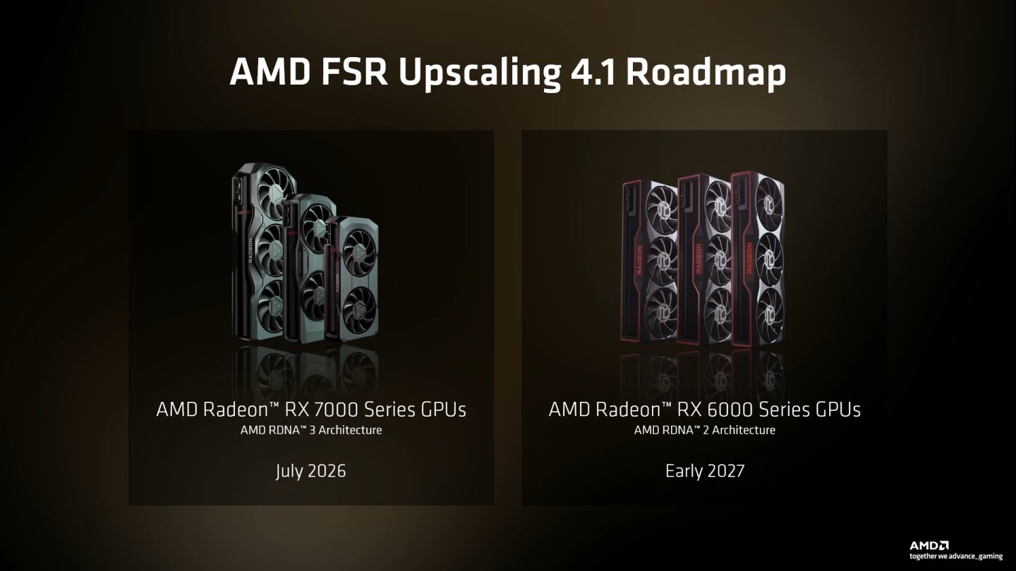 AMD也宣佈，將於2026年7月將FSR 4.1技術下放至RDNA 3架構的RX 7000系列顯示卡，2027年則進一步推廣至RDNA 2架構的RX 6000系列顯示卡。