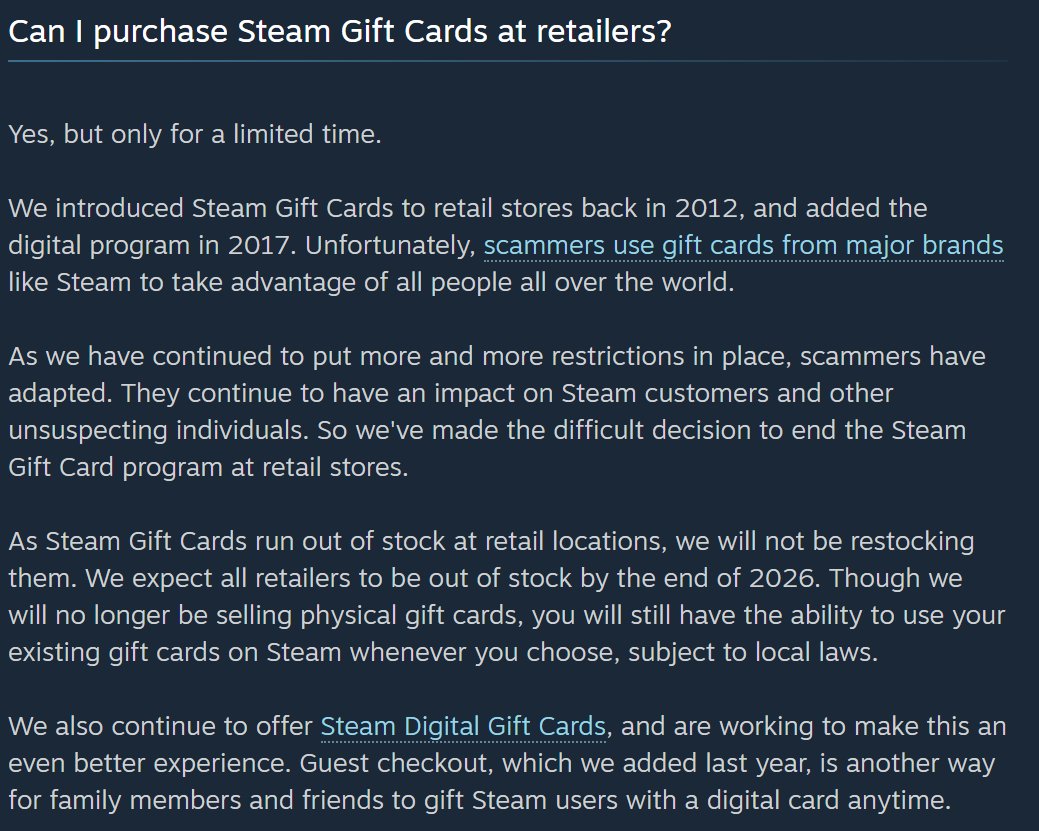 實體 Steam 點數卡將走入歷史！Valve 證實 2026 年底全面斷貨，背後原因與詐騙有關