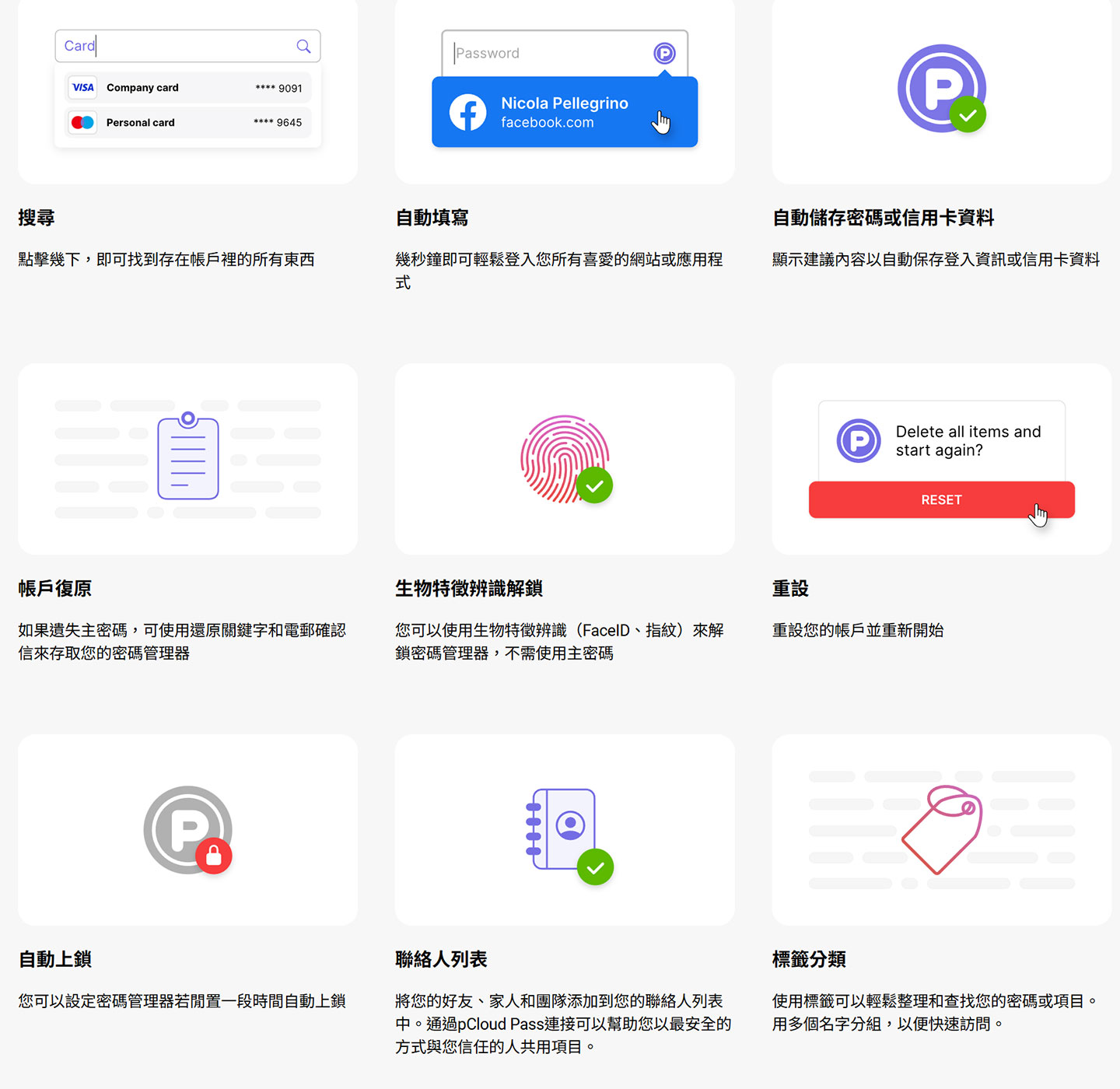 pCloud Pass Premium 也提供了完整的功能體驗優化，包括可以便利搜尋、自動填寫、整合生物特徵辨識…等。