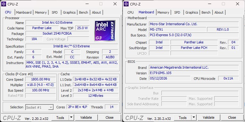 MSI Claw 8 EX AI +掌上型主機之Intel Arc G3 Extreme處理器與主機板之CPU-Z資訊。