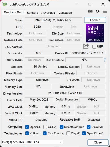 Intel Arc B390內建顯示晶片之GPU-Z資訊。