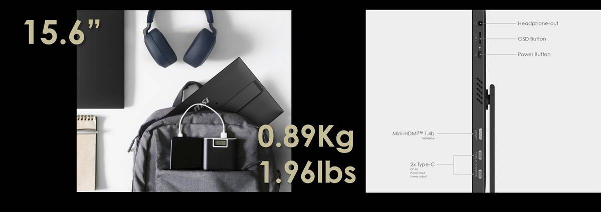 微星推出 3,588 元便攜觸控螢幕!15.6 吋、0.89kg,USB-C 一條線就能顯示與供電