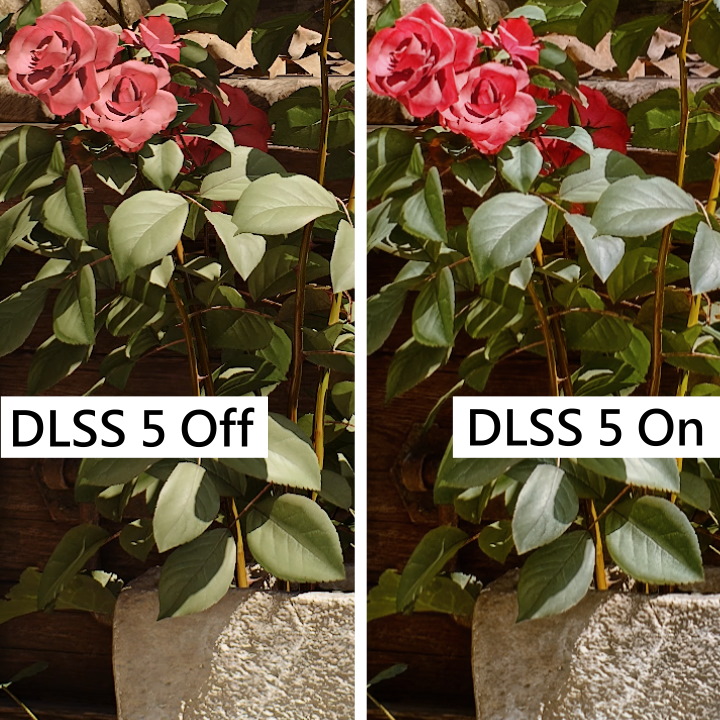 開啟DLSS 5之後，花瓣間的複雜光影表現更加真實，右下角花盆的石材紋理也更細膩。