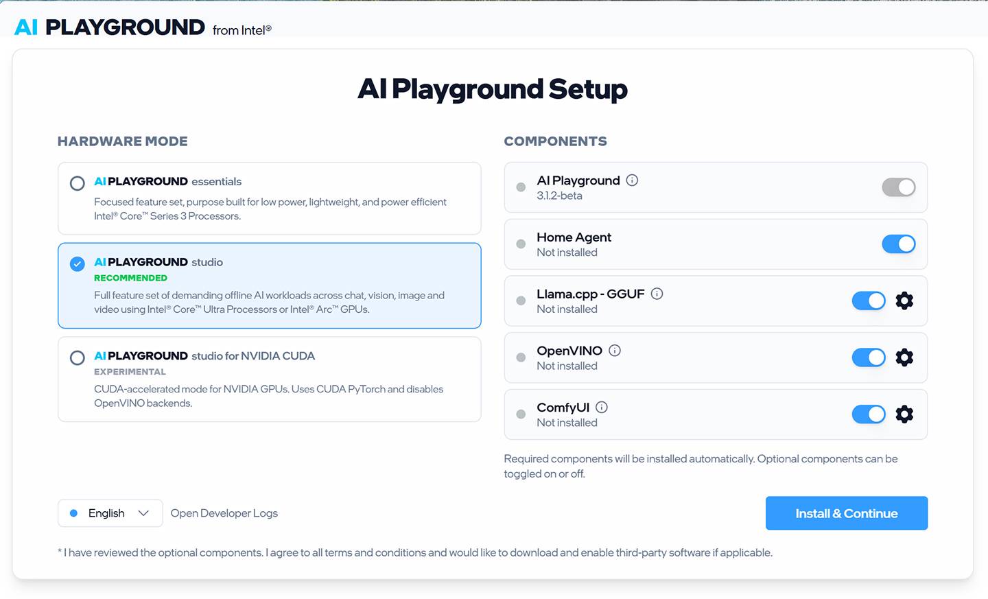 Intel AI Playground 是專為 Intel 硬體量身打造的本地端 AI　部署平台，同時可依據硬體規格的不同，選擇僅 CPU 環境的 Essentials、具備 Intel GPU 的 Studio 或是採用 NVIDIA GPU 的 Studio for NVIDIA CUDA 模型。