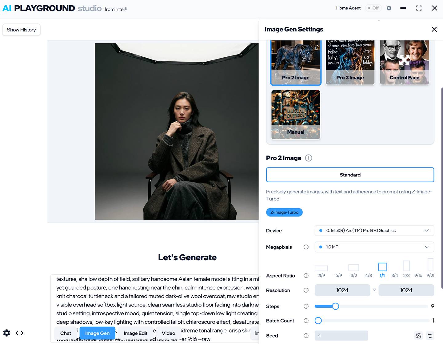 透過 Intel AI Playground Studio 可一次完成 LLM、圖片、影片…等不同類型內容的生成任務，同時也能依硬體規格的不同調校品質設定。