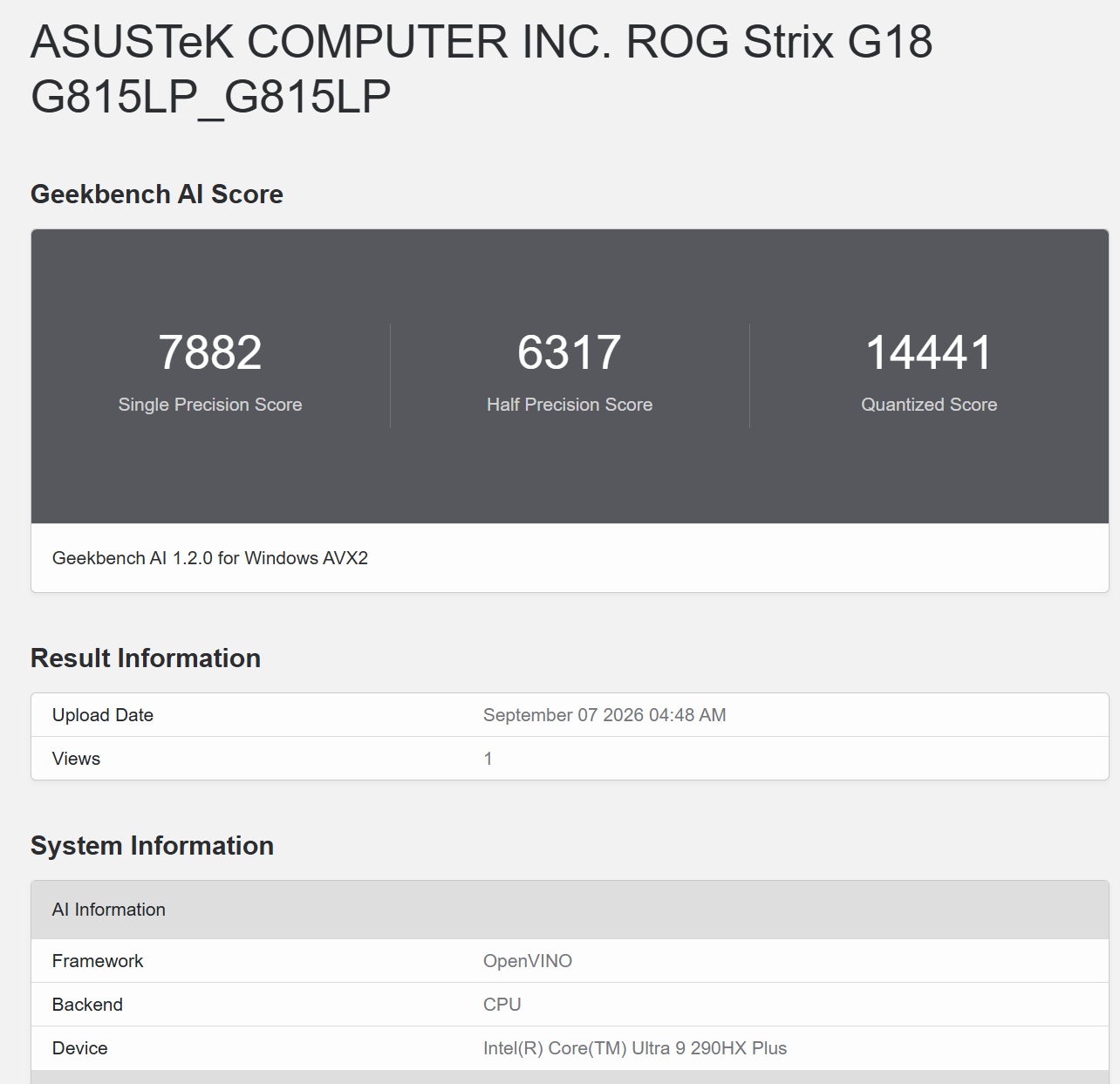 在 Geekbench 6 下進行 AI 測試，選定 OpenVINO 模式下，以 CPU 進行測試，於 Single Precision、Half Precision 與 Quantized 項目分別獲得 7882、6317 與 14441 分，量化（INT8）得分翻倍飆破 14000，展現 CPU 對輕量化模型的強大吞吐；半精度在 OpenVINO 優化下不再疲軟，整體表現明顯優於 ONNX 架構。