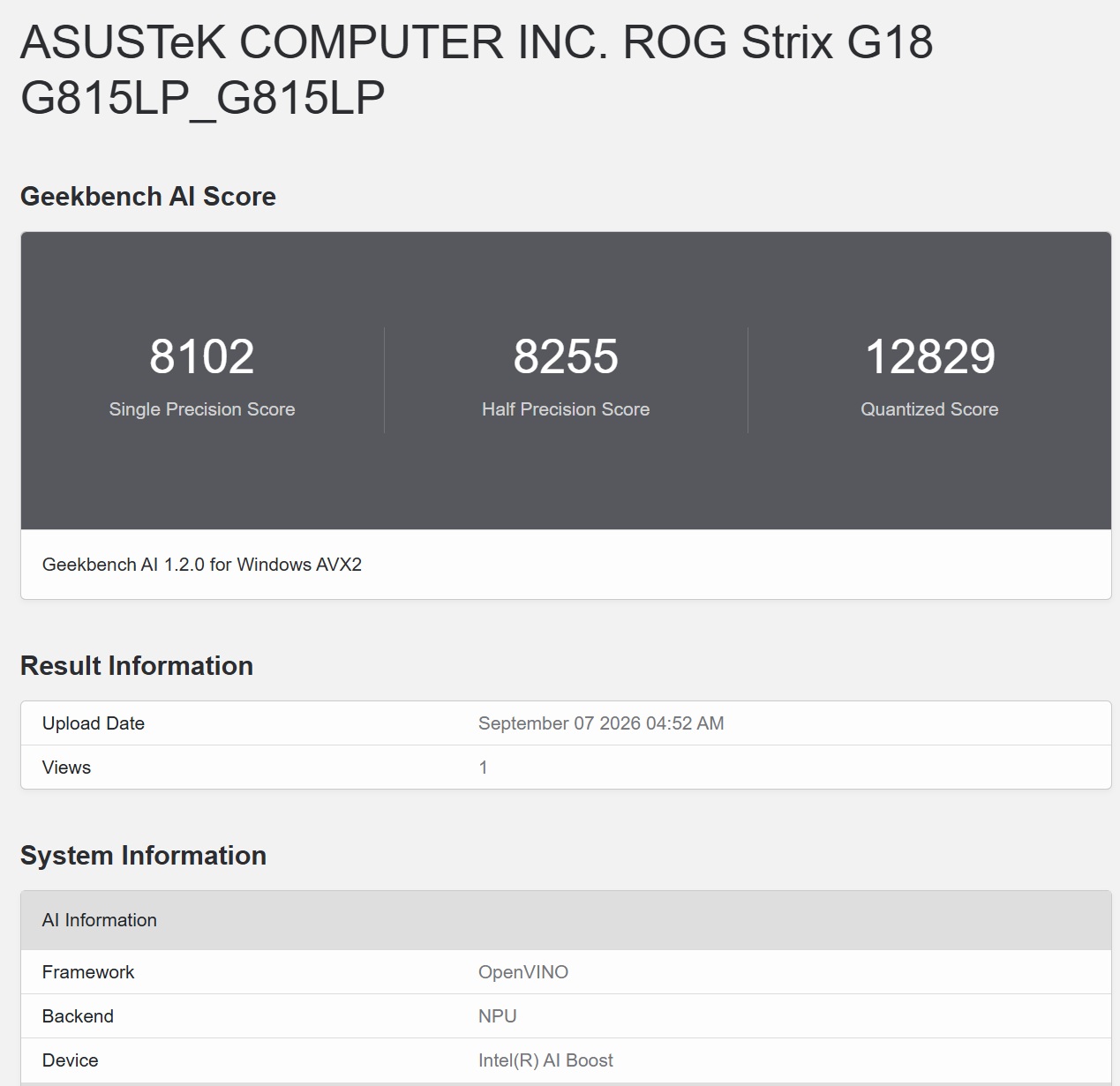 在 Geekbench 6 下進行 AI 測試，選定 OpenVINO 模式下，以 NPU 進行測試，於 Single Precision、Half Precision 與 Quantized 項目分別獲得 8102、8255 與 12829 分，NPU 展現專用加速優勢，半精度與量化分數大幅飆升；NPU 於浮點運算（FP32/FP16）表現均衡且微幅超前 CPU，低功耗推論具優勢；量化表現雖達 12000，但峰值吞吐仍略低於 CPU。