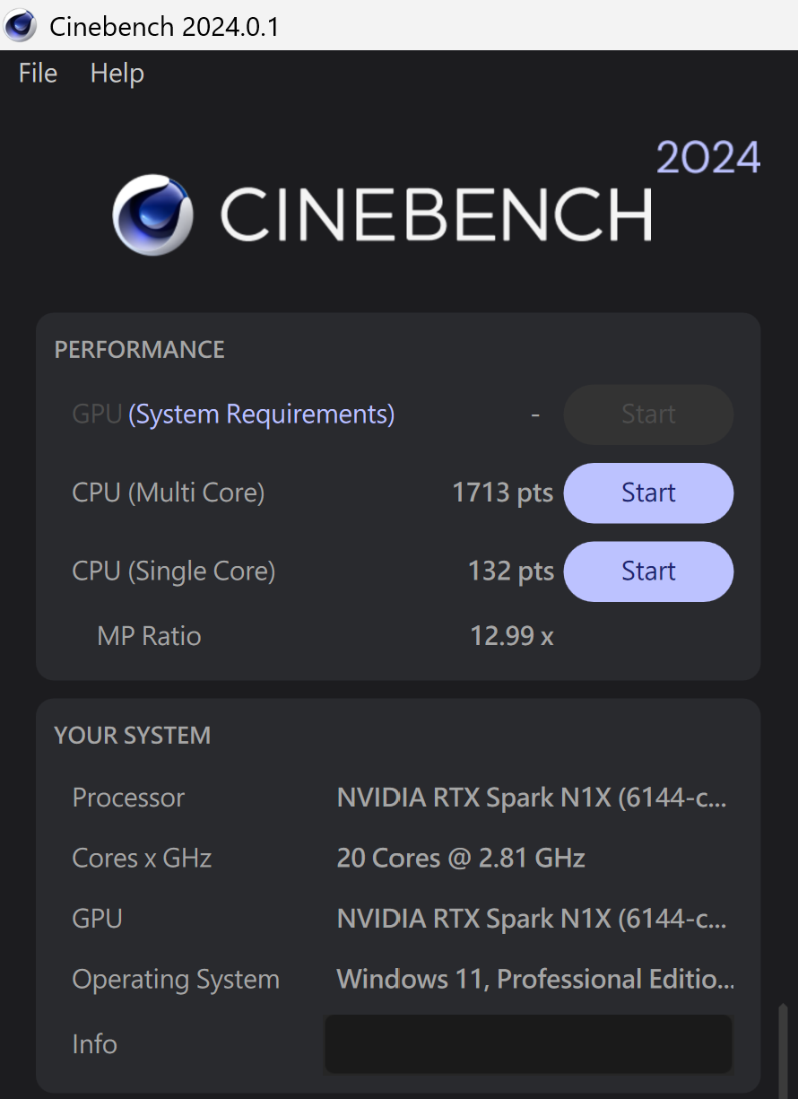 於 CINEBENCH 2024 測試中，CPU 多核心為 1,713 pts，單核心為 132pts，多、單核心的效能差距倍數為 12.99x。
